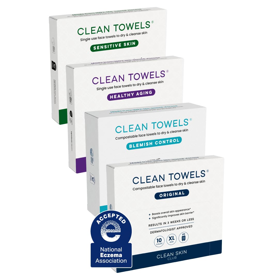 CLEAN SKIN CLUB pack front showing four travel towel packs and benefits