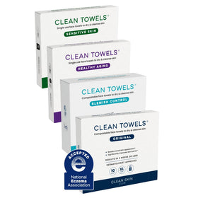 CLEAN SKIN CLUB pack front showing four travel towel packs and benefits