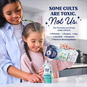 Cleancult refill being poured into a standard pump bottle for compatibility