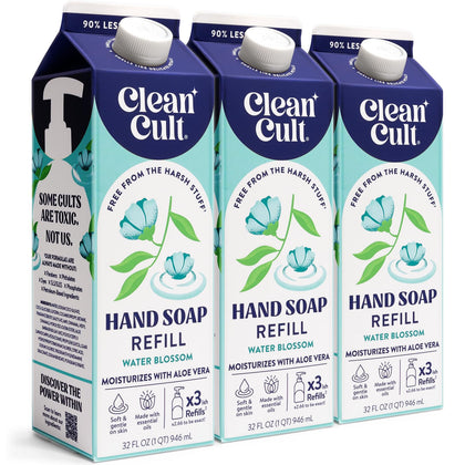 Cleancult front packaging showing water blossom refill and eco benefit