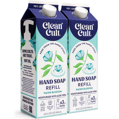 Cleancult front packaging showing Water Blossom refill and eco benefits