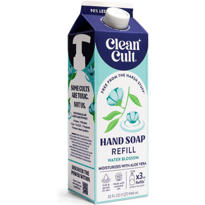 Cleancult front pouch showing Water Blossom refill and recyclable design benefit