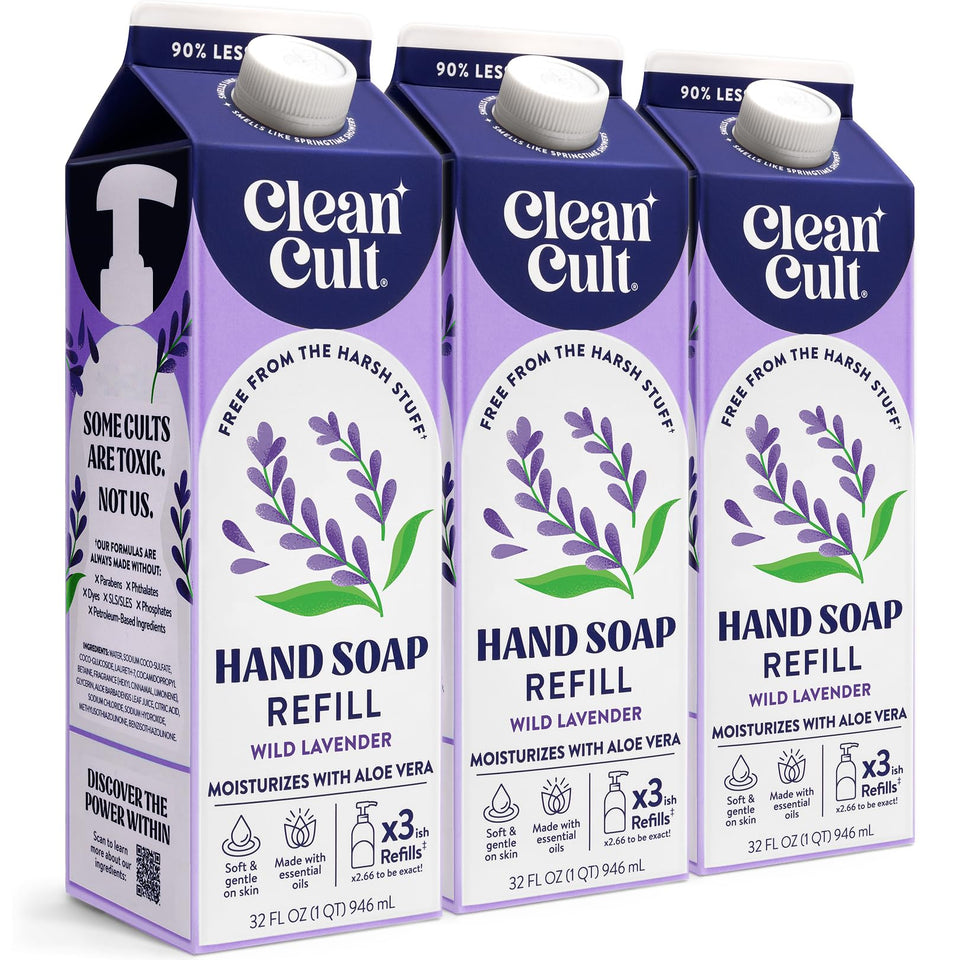 Cleancult front packaging showing Wild Lavender trio, eco-friendly refill benefit