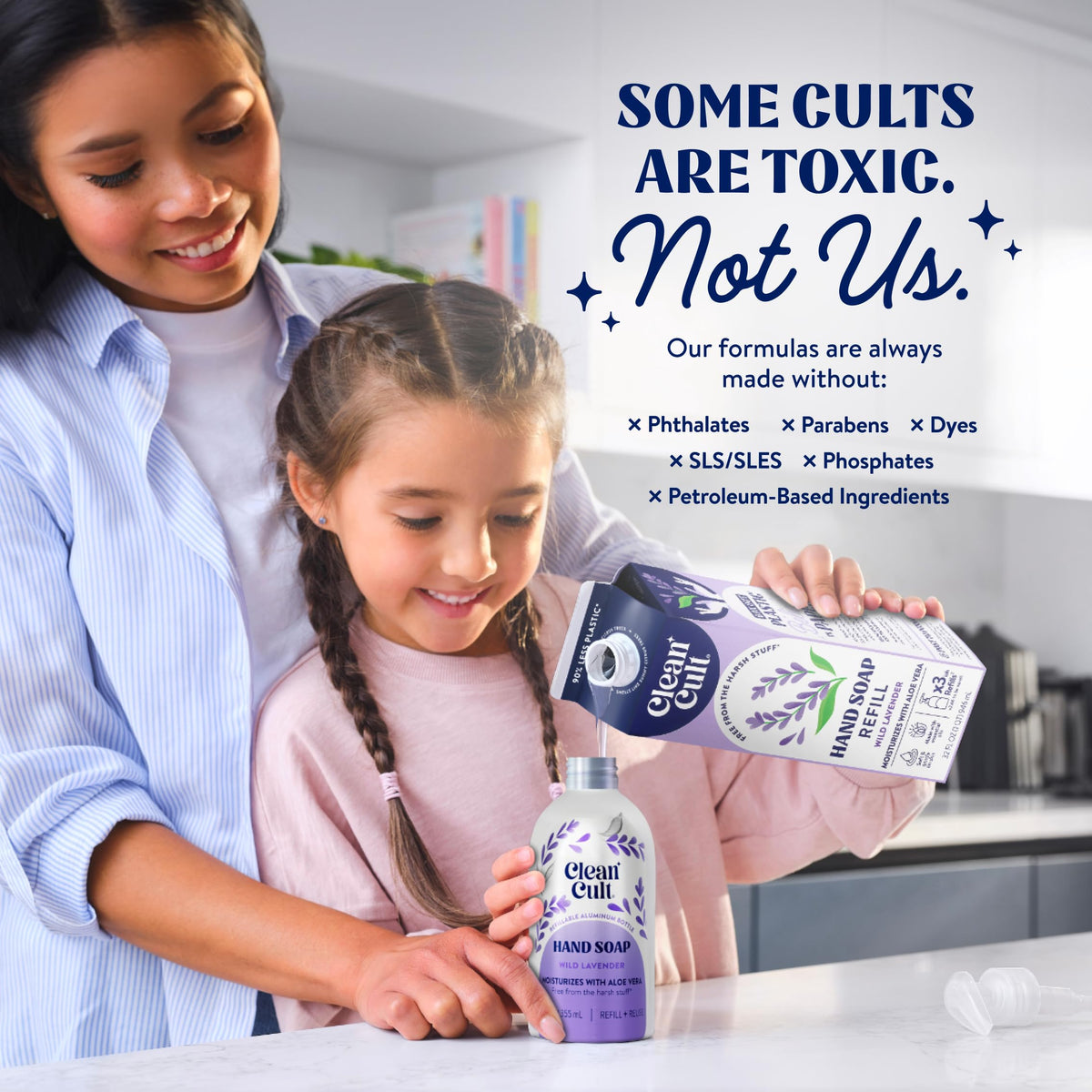 Cleancult pouch pouring into dispenser, quick refill and less plastic waste benefit
