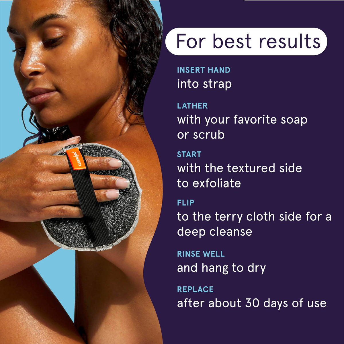 Cleanlogic scrubber held in hand to show size and ergonomic benefit