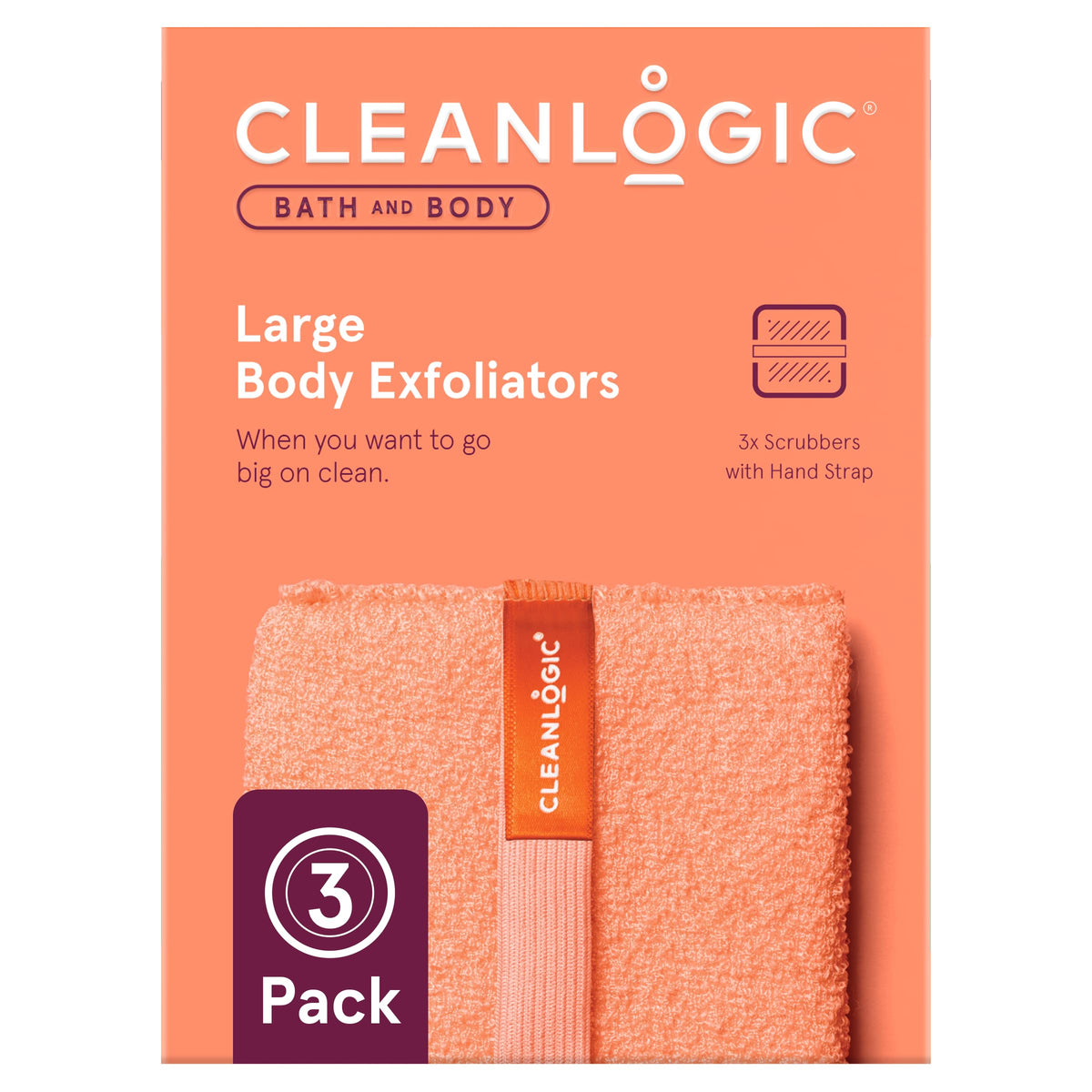 Cleanlogic front packaging showing three exfoliating scrubbers and value pack benefit