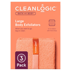 Cleanlogic front packaging showing three exfoliating scrubbers and value pack benefit