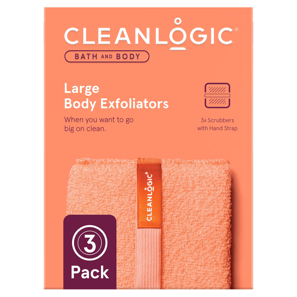 Cleanlogic front packaging showing three exfoliating scrubbers and value pack benefit