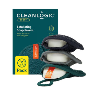 Cleanlogic front packaging showing three soap saver pouches and benefits