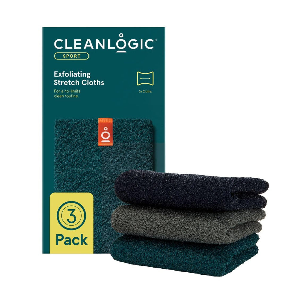 Cleanlogic front packaging showing three exfoliating cloths and benefits