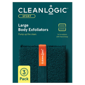 Cleanlogic front packaging showing three scrubbers and value pack benefit
