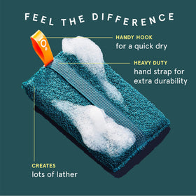 Cleanlogic scrubber held in hand showing large coverage and grip benefit