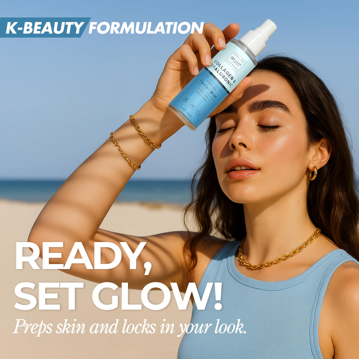 Clear Beauty mist spraying onto face demonstrating quick hydration