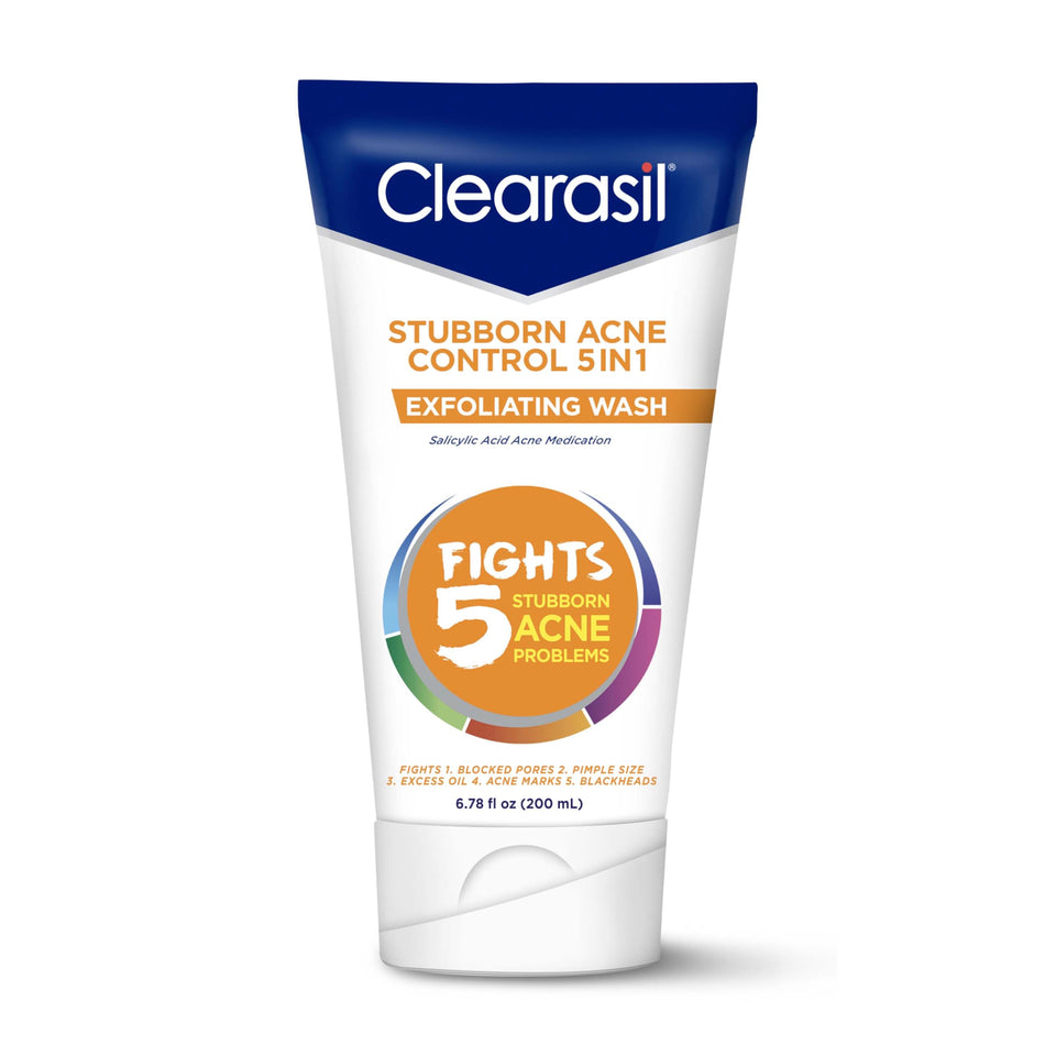 Clearasil front packaging showing 5in1 exfoliating benefits for clearer skin