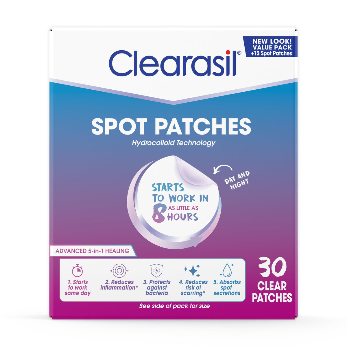 Clearasil front packaging showing product benefits and 30 count