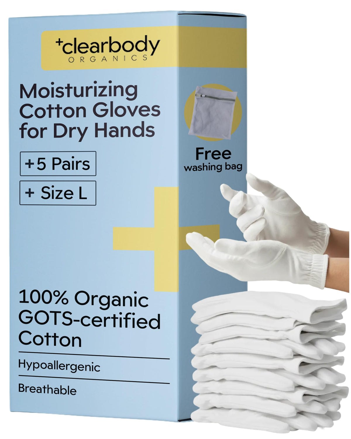 Clearbody Organics front packaging view showing five pairs and organic label, highlights eco benefits