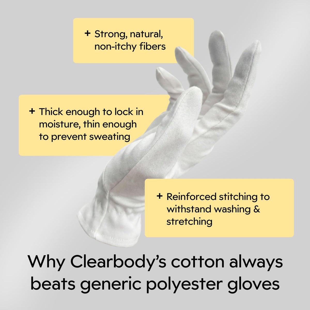 Clearbody Organics gloves with lotion applied on hands demonstrating effective moisture retention