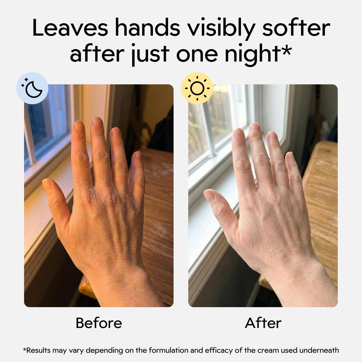 Clearbody Organics gloves worn on hands while resting, demonstrates improved overnight hydration