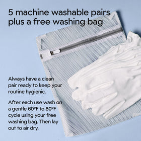 Clearbody Organics gloves placed on a bedside table with creams showing nightly hand-care routine