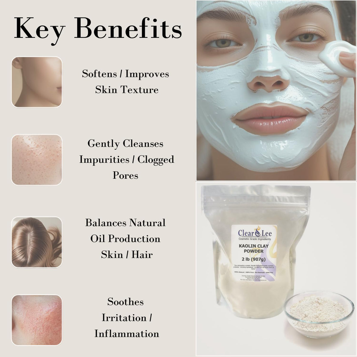 ClearLee fine white kaolin clay texture close-up for smooth application benefit