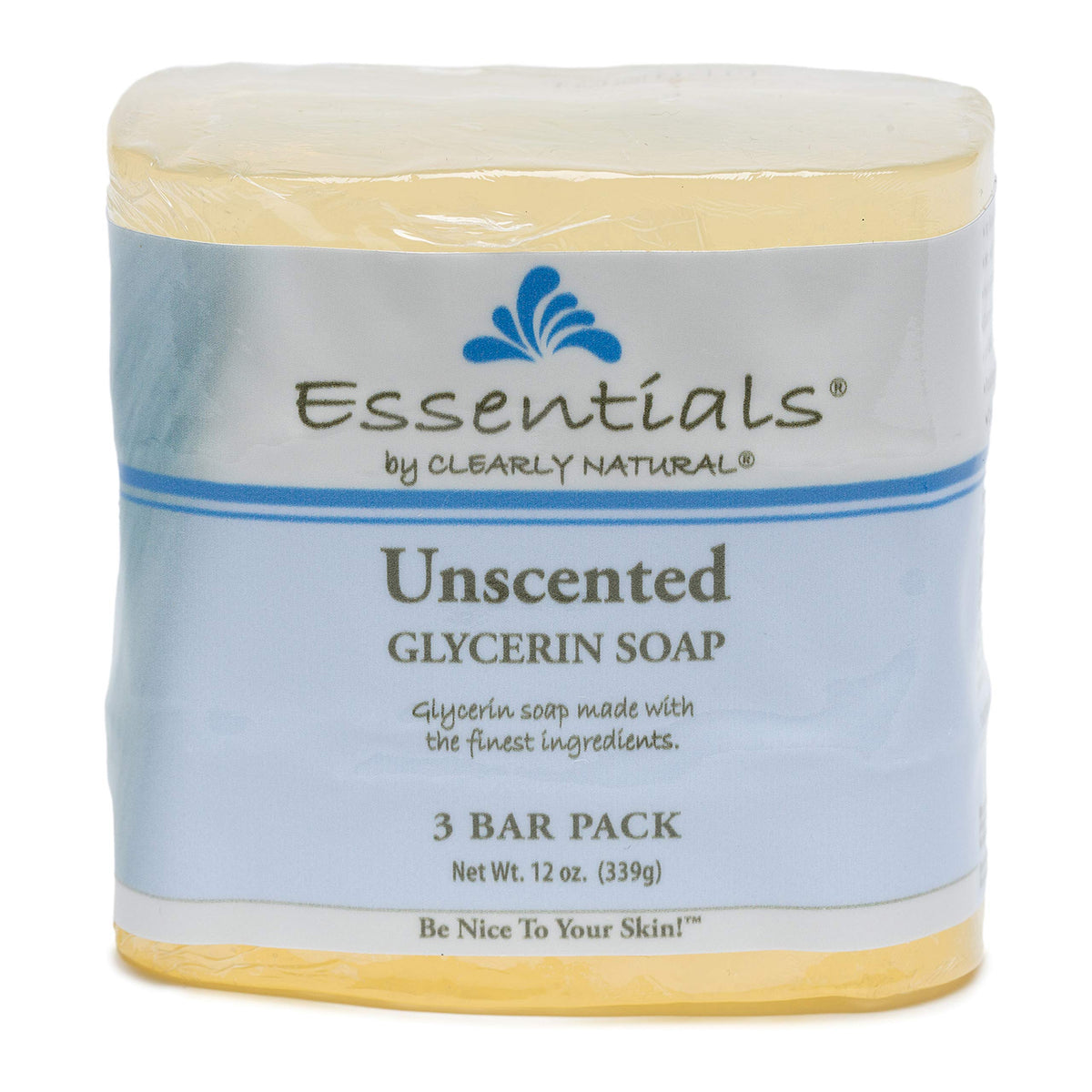 Clearly Natural front packaging showing three 4-ounce unscented bars, clear ingredient focus