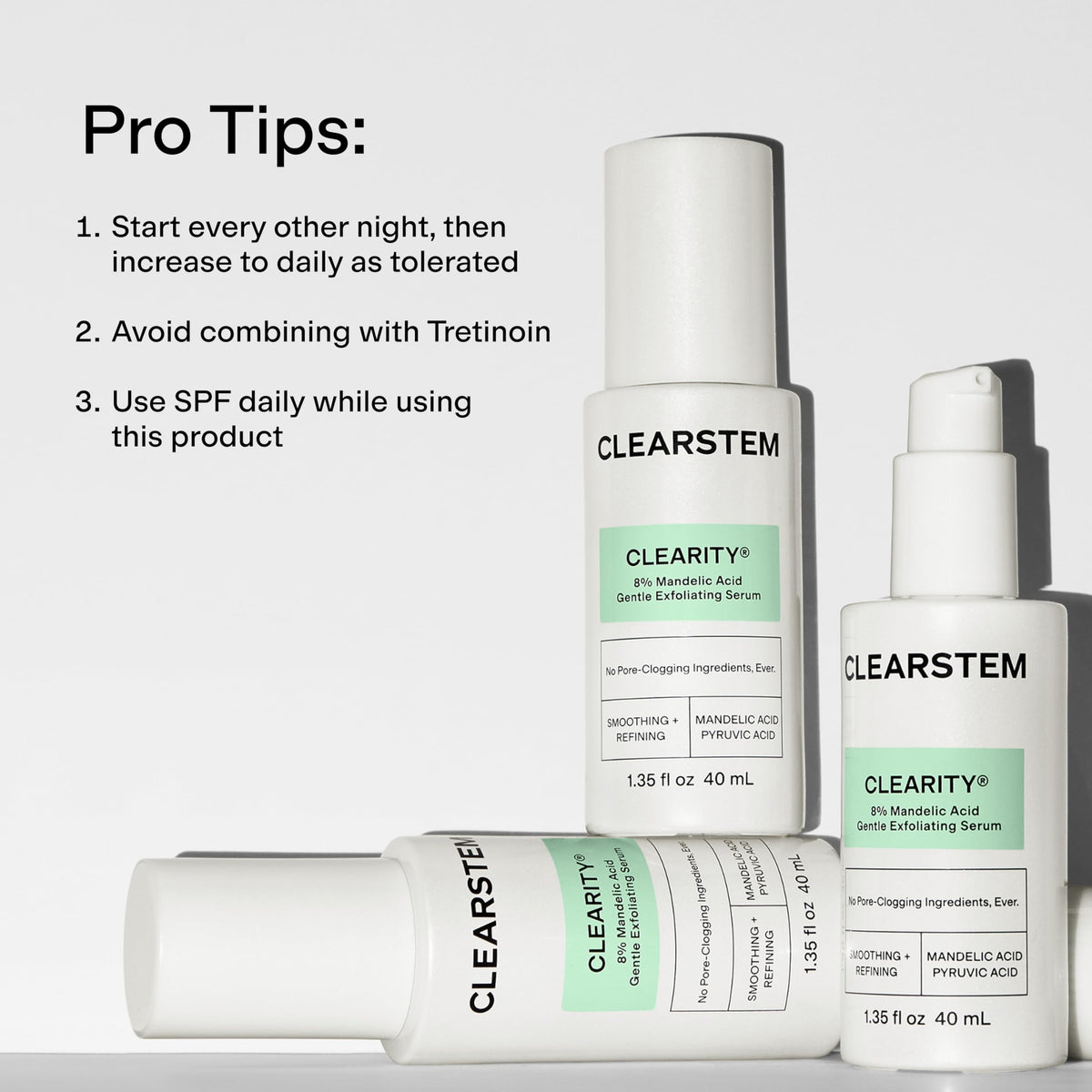 CLEARSTEM CLEARITY bottle beside ingredient list card, emphasizes real active components