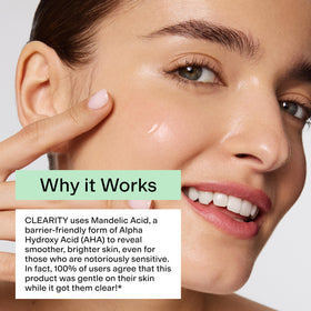 CLEARSTEM CLEARITY serum on fingertip, illustrates lightweight absorption and easy spreadability