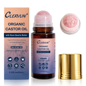 CLERVUN front packaging showing roll-on bottle and rose quartz roller, travel-friendly