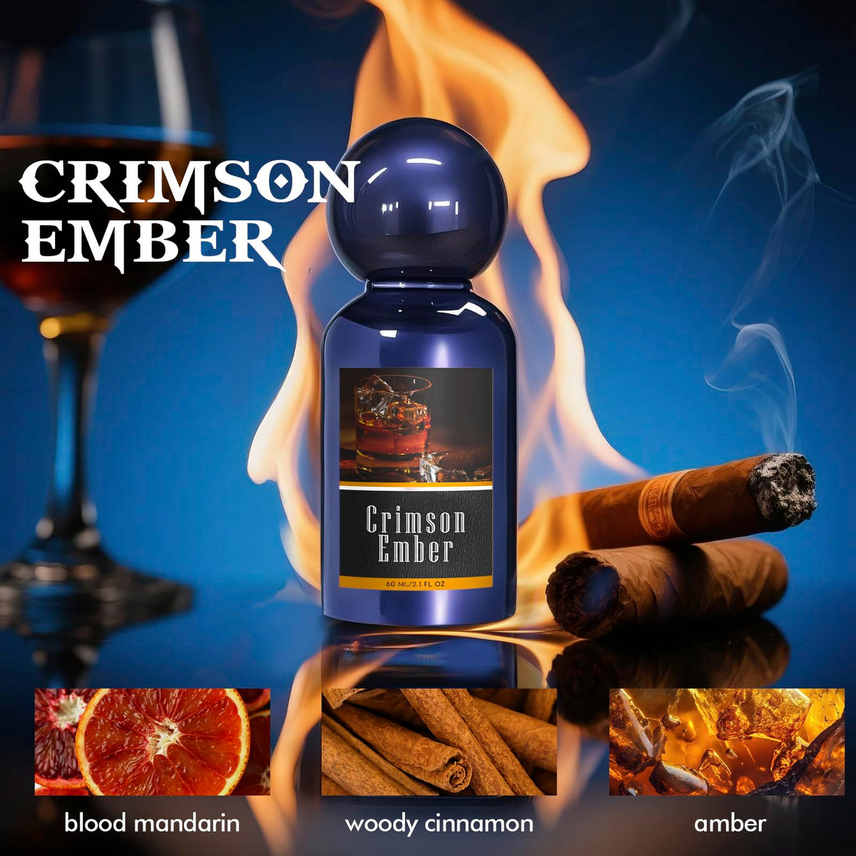 CLESH Crimson Ember close-up of bottle highlighting warm amber notes and bold look