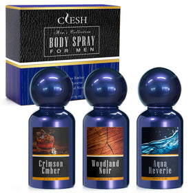 CLESH three travel bottles front view showing all three scents and gift-ready design