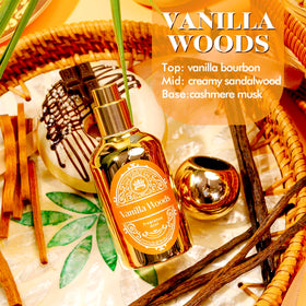 CLESH Vanilla Woods bottle close-up highlighting warm textured label and cozy notes