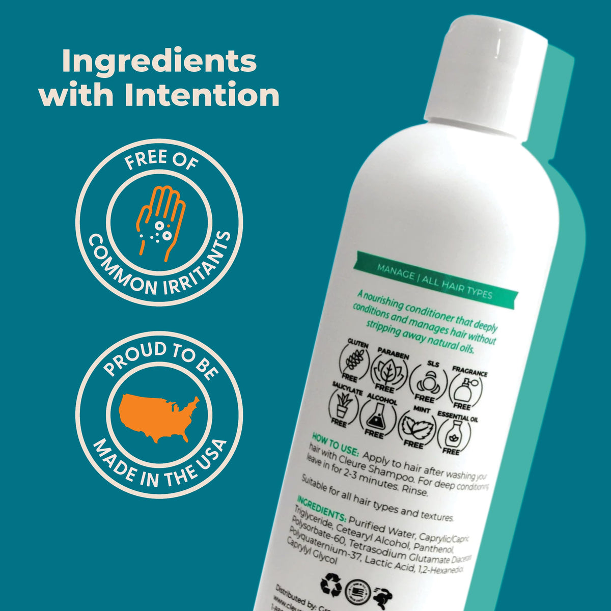 Hand holding Cleure conditioner demonstrating appropriate amount and easy application benefit