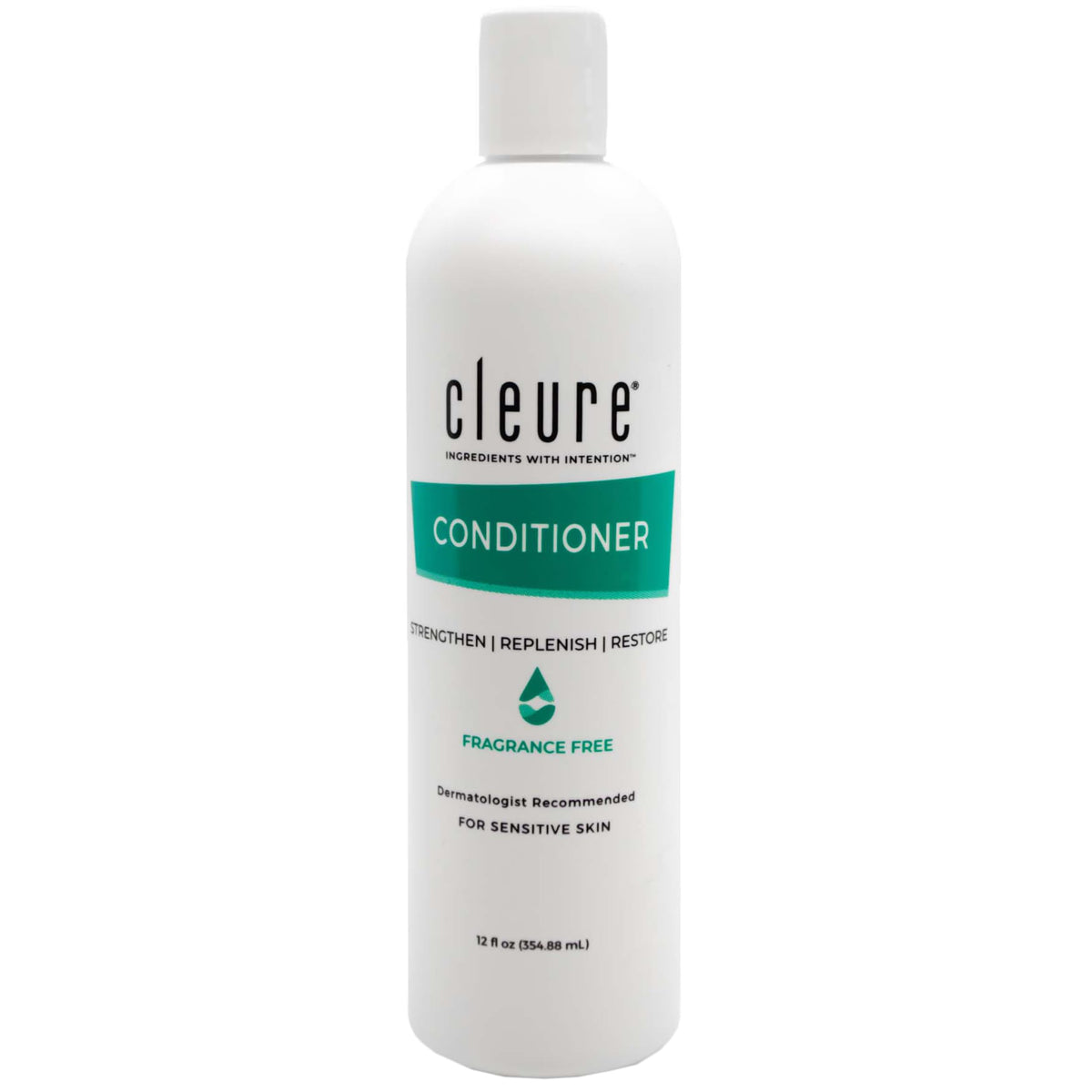 Cleure front bottle of unscented conditioner showing clean packaging and gentle formula benefit