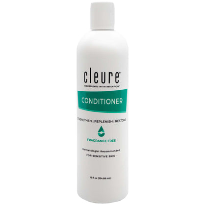Cleure front bottle of unscented conditioner showing clean packaging and gentle formula benefit