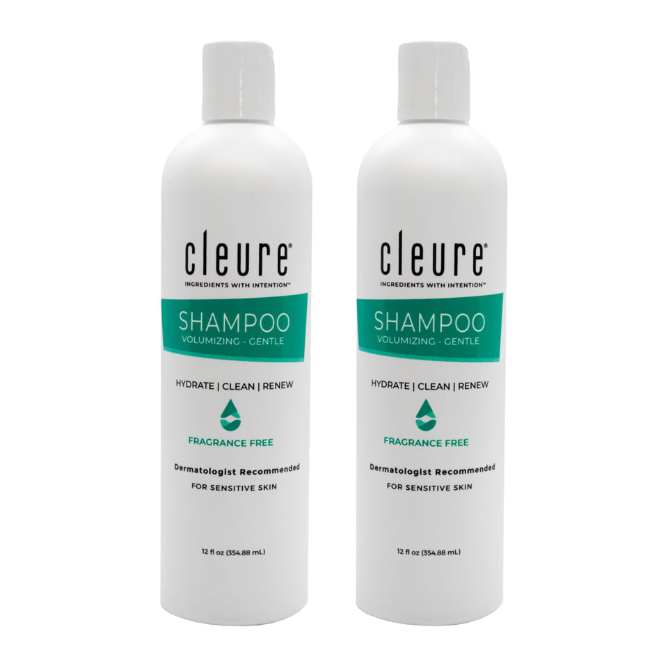 Cleure front packaging showing two 12 oz bottles and clear labeling for gentle care