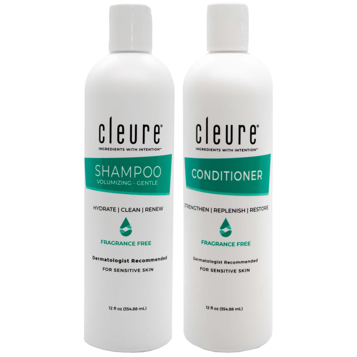 Cleure front packaging set showing both bottles and clear labeling for sensitive skin benefits