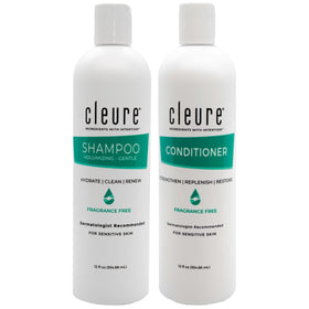 Cleure front packaging set showing both bottles and clear labeling for sensitive skin benefits