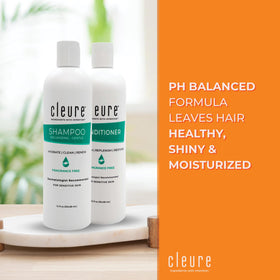 Cleure shampoo pump closeup highlighting gentle dispenser for controlled, mess-free use