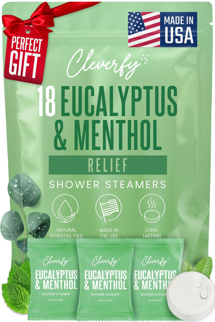 Cleverfy front packaging showing 18 eucalyptus shower steamers, convenient gift