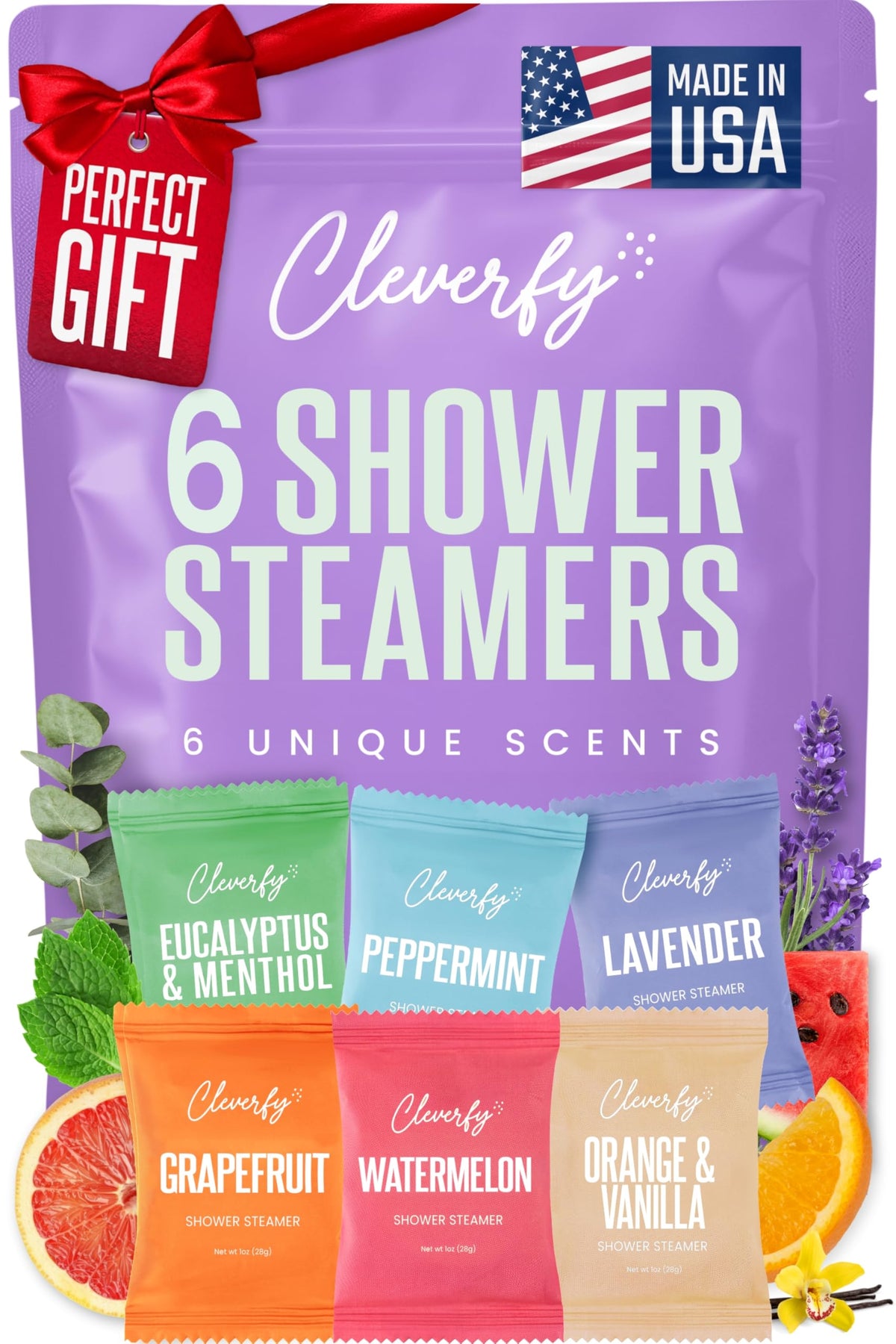 CLEVERFY front packaging showing the six shower steamer scents and branding for gifting