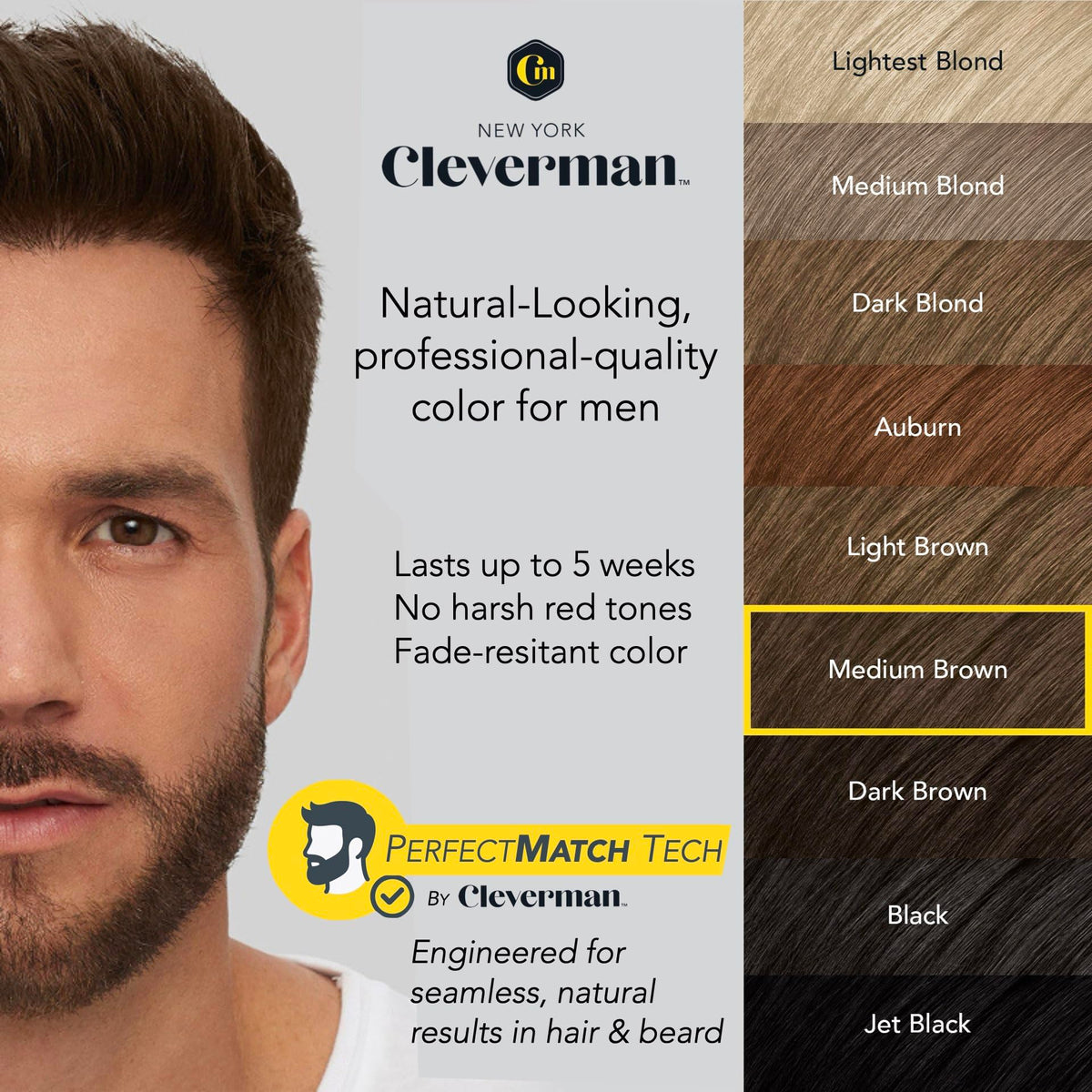 Side-by-side Cleverman before and after beard showing natural gray coverage