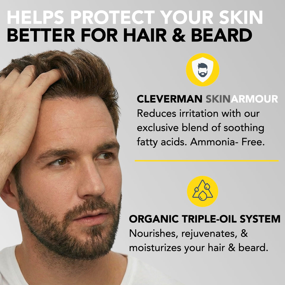 Close-up of Cleverman tube label listing vegan and ammonia-free formula