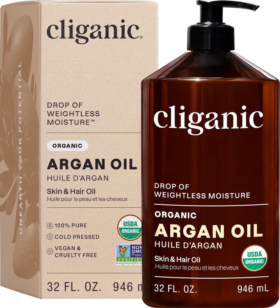 Cliganic argan oil 32oz front label shows certification and clean formula benefits