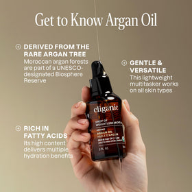 Cliganic argan oil bottle on a bathroom vanity demonstrating quick daily use