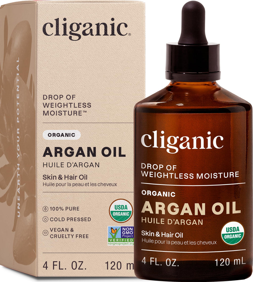 Cliganic bottle front view showing organic argan oil and clean packaging benefits