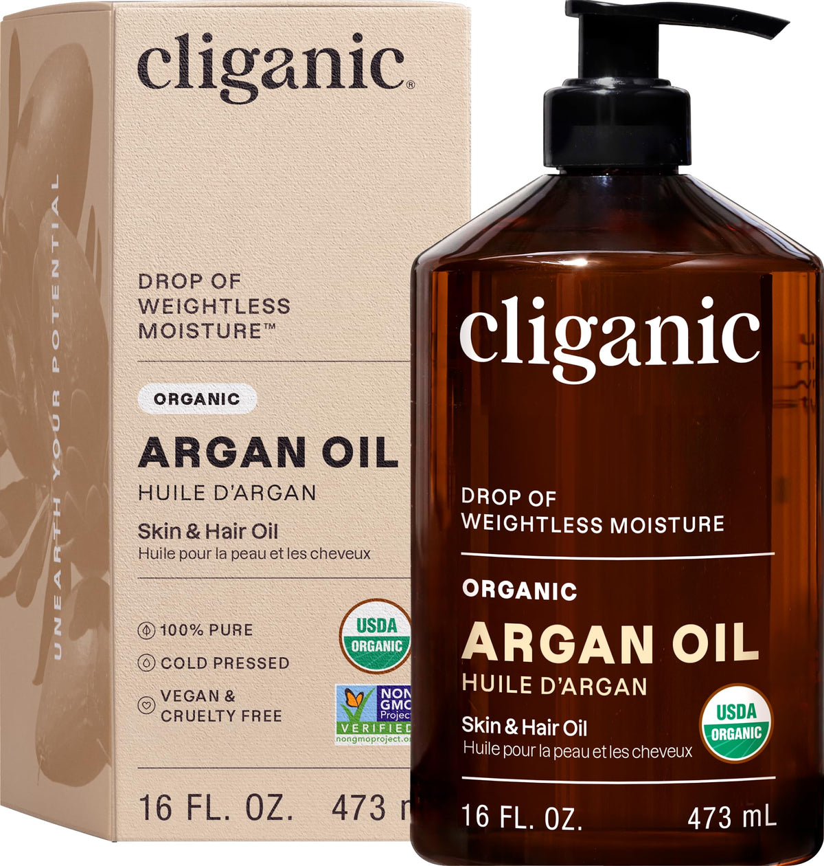 Cliganic front packaging of 16oz argan oil showing size and label benefit