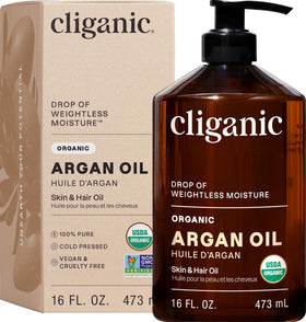 Cliganic front packaging of 16oz argan oil showing size and label benefit