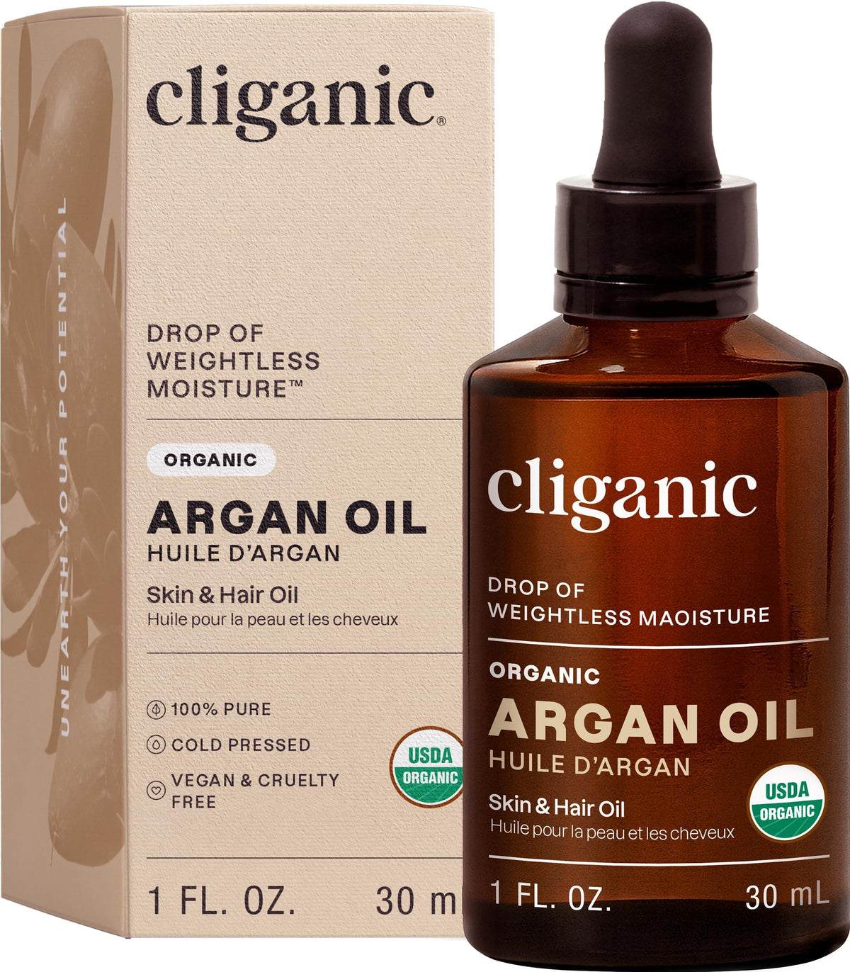 Cliganic argan oil front packaging showing compact travel bottle and clarity benefit