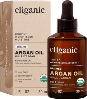 Cliganic argan oil front packaging showing compact travel bottle and clarity benefit