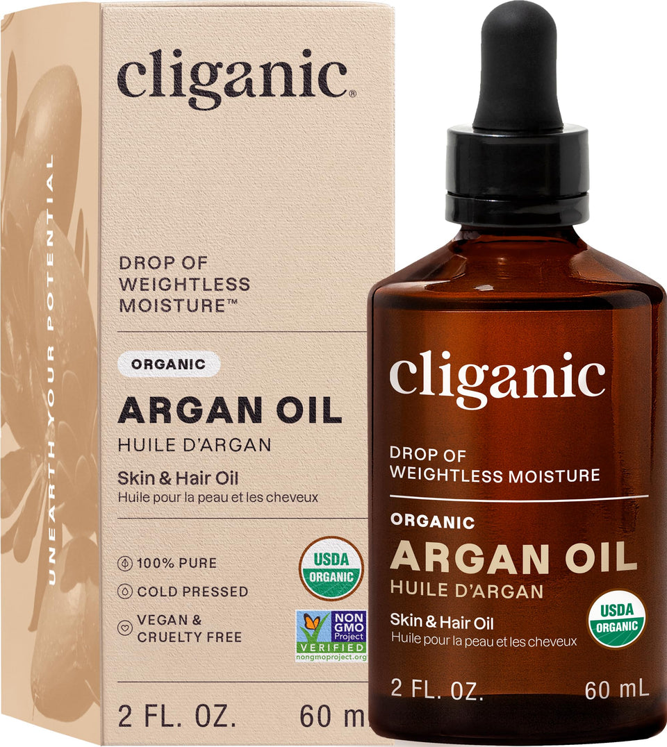 Cliganic argan oil front bottle showing label and organic certification benefit
